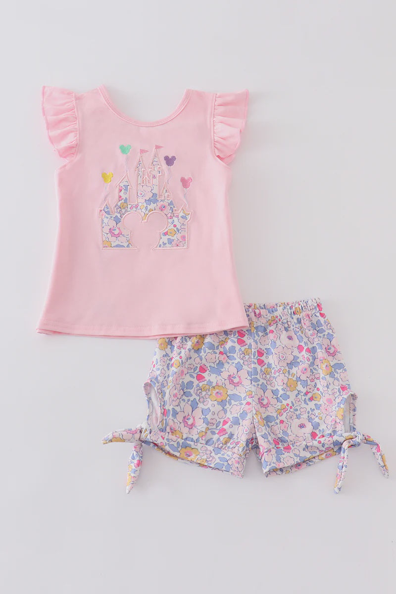 Pink castle applique ruffle floral girl set