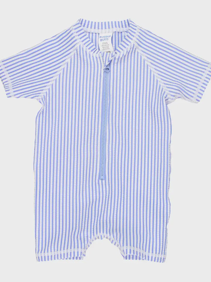 Periwinkle Blue Seersucker Short Sleeve One Piece Rash Guard