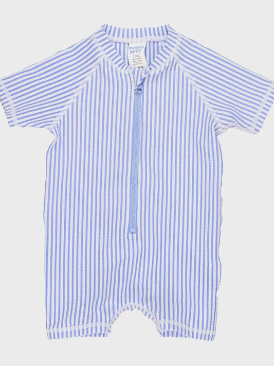 Periwinkle Blue Seersucker Short Sleeve One Piece Rash Guard