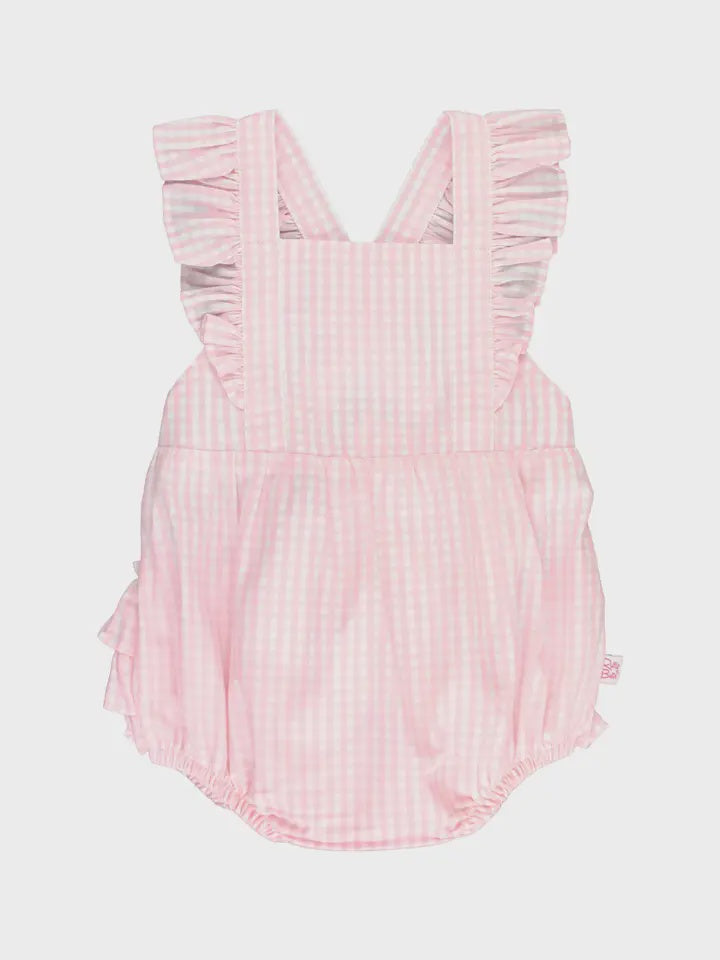 Pink Gingham Pinafore Cross-Back Woven Romper