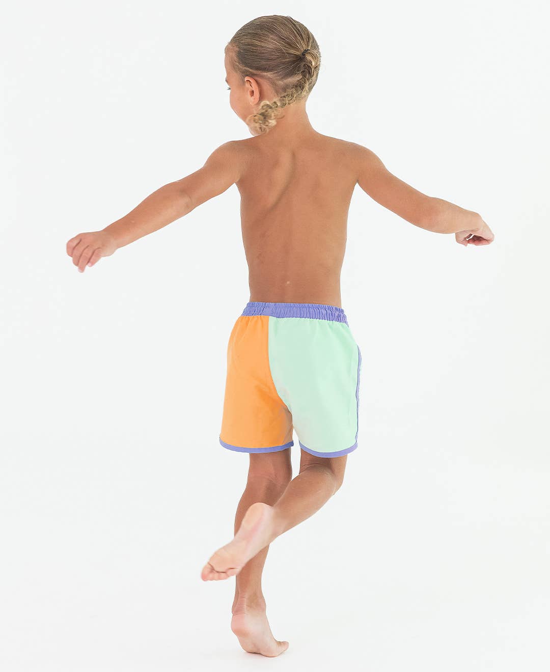 Boys Periwinkle, Green, & Ginger Dolphin Hem Swim Trunks