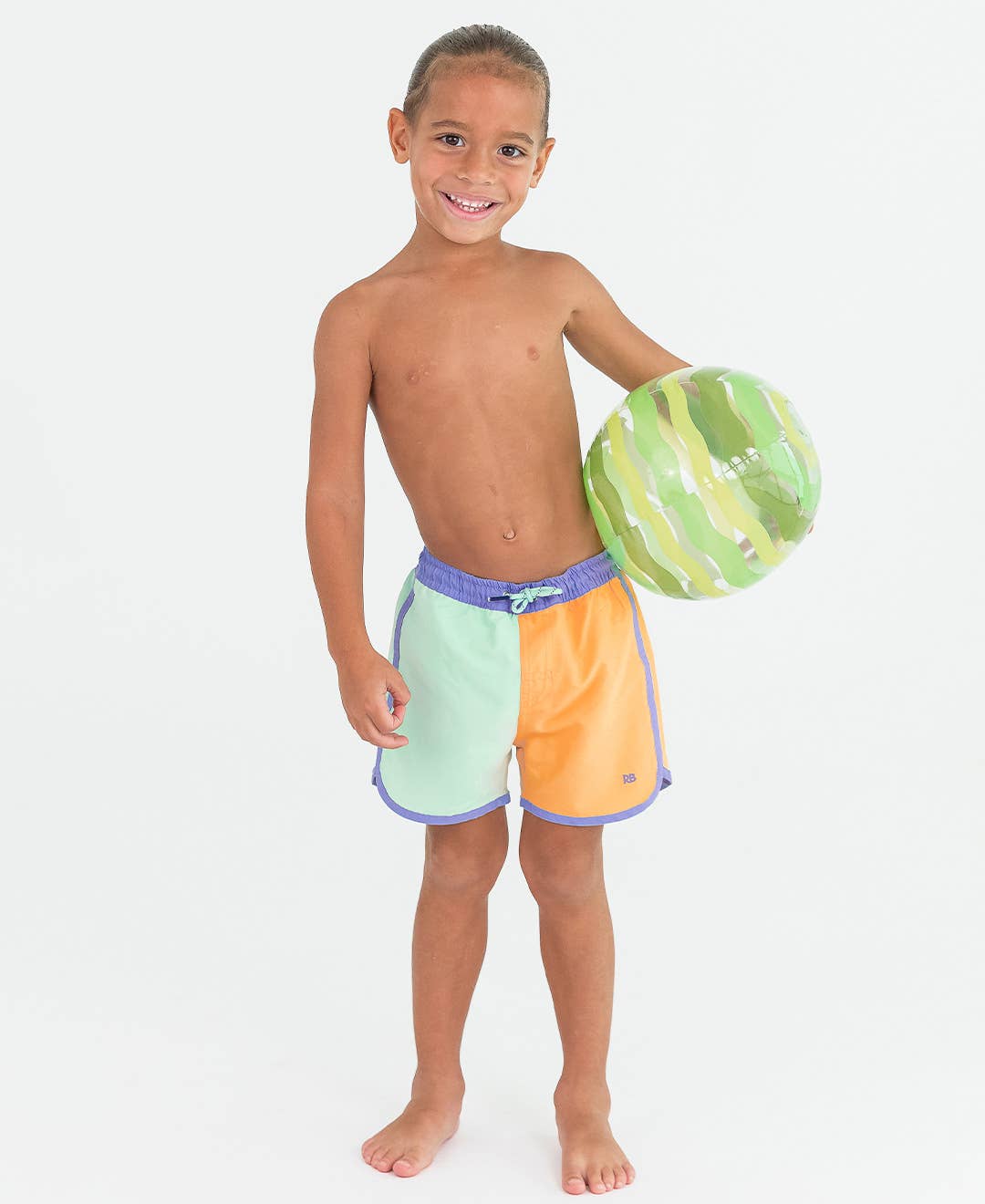 Boys Periwinkle, Green, & Ginger Dolphin Hem Swim Trunks