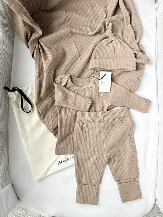 Organic newborn going home ribbed set - taupe