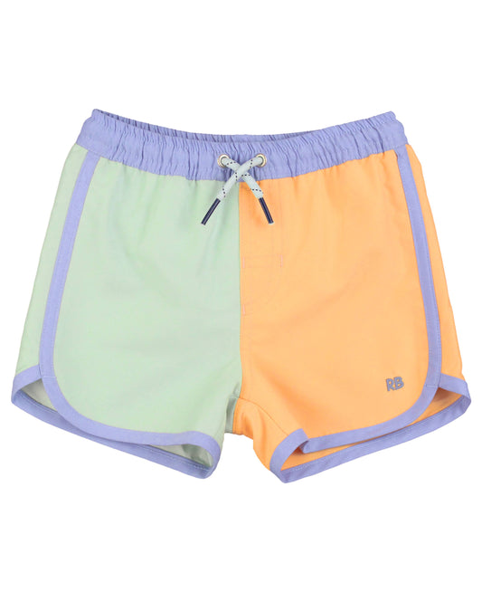 Boys Periwinkle, Green, & Ginger Dolphin Hem Swim Trunks