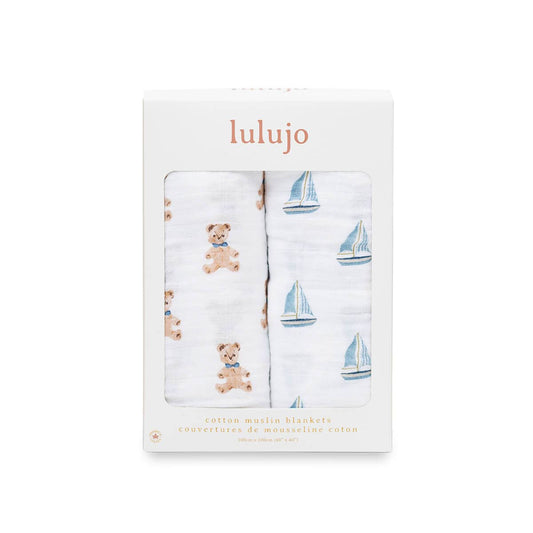 Lulujo Cotton Swaddles - Vintage Teddy Bears & Sailboats 2PK