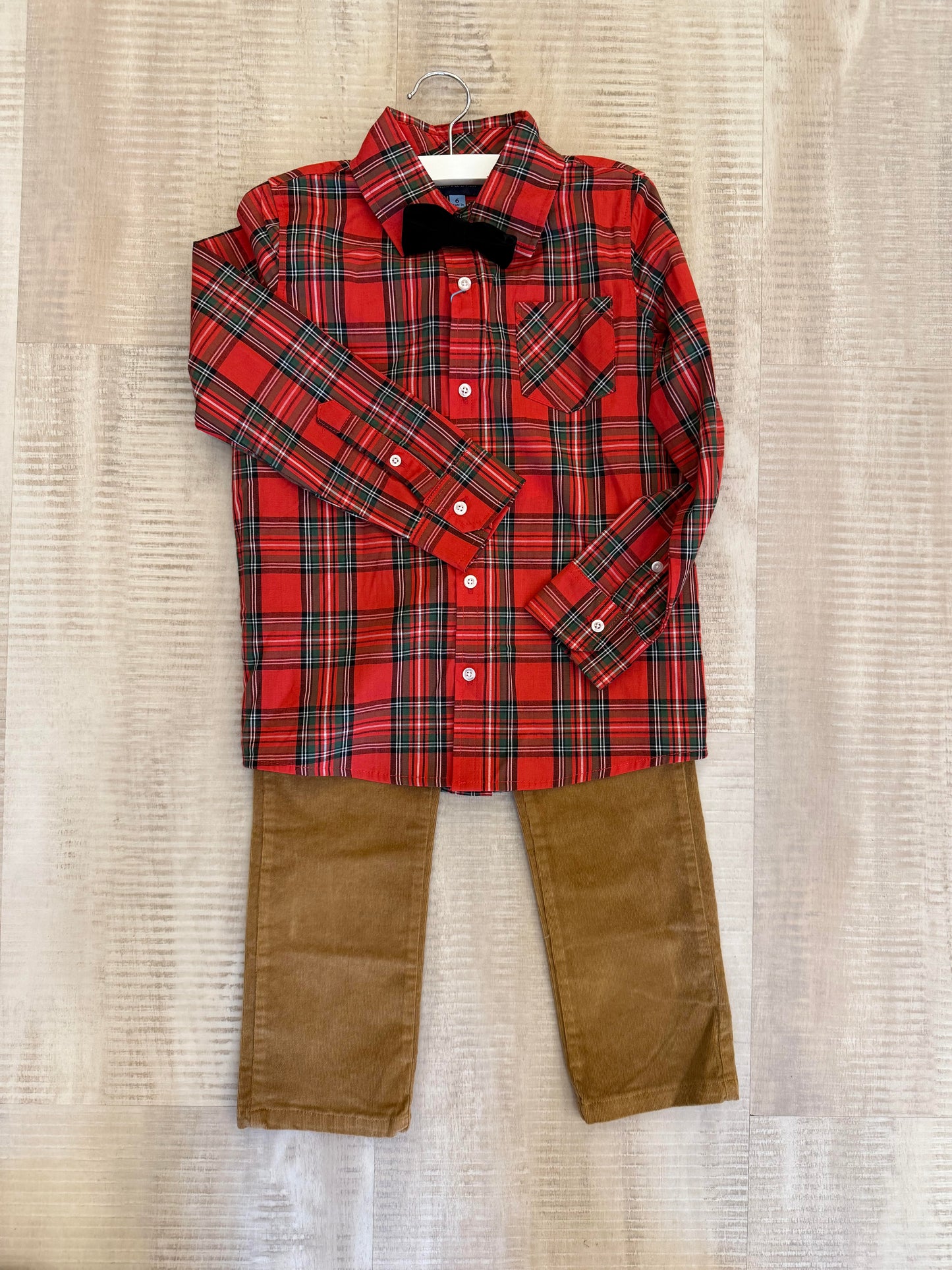 Red Plaid Flannel Button down with Bowtie & Pants set