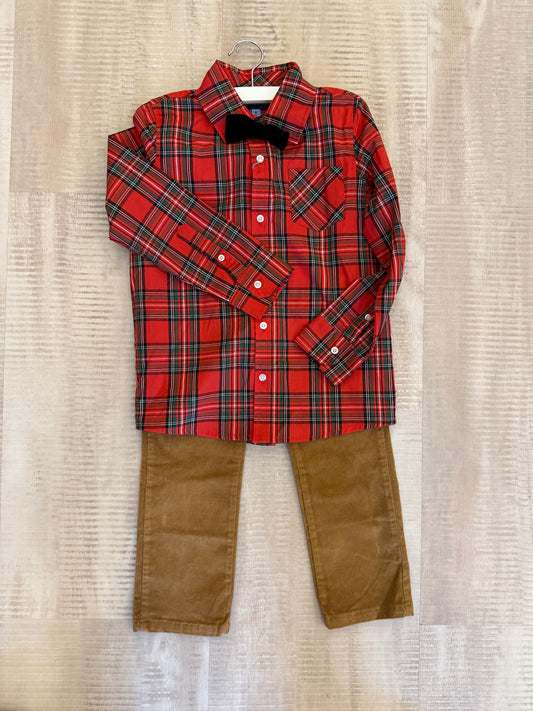 Red Plaid Flannel Button down with Bowtie & Pants set